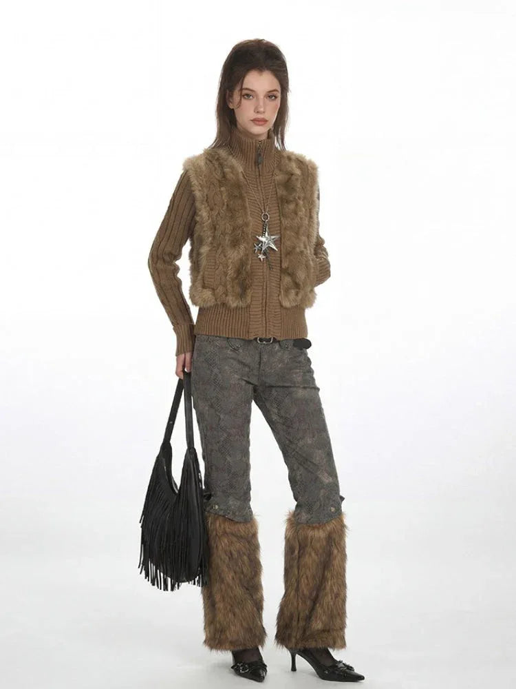 Y2K Faux Fur Panel Zip-Up Cardigan - WEUXS