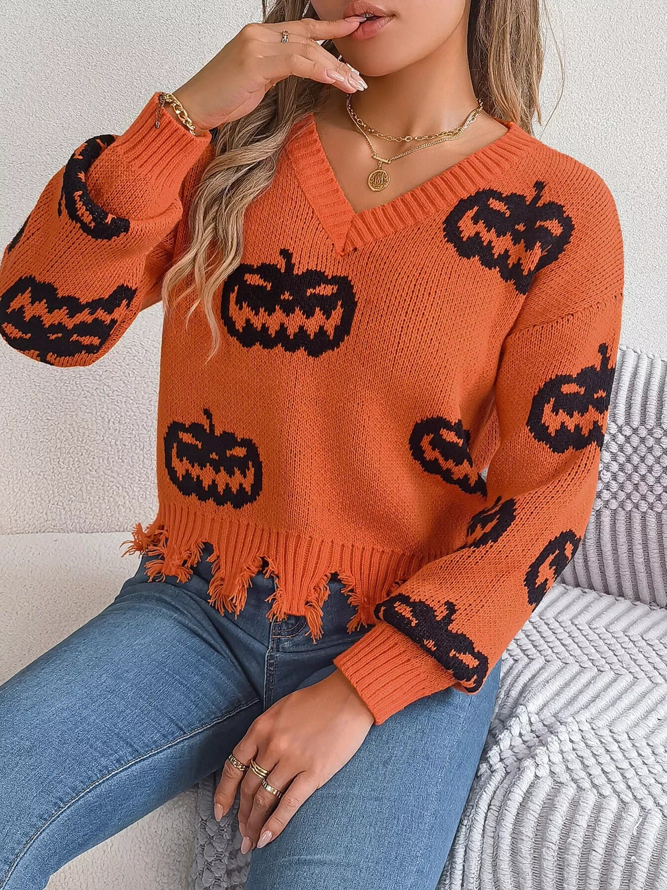 Edgy Distressed Pumpkin Knit Sweater - WEUXS