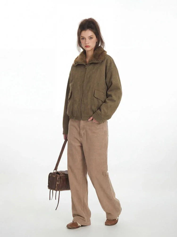 Vintage Faux Suede Aviator Bomber Jacket - WEUXS