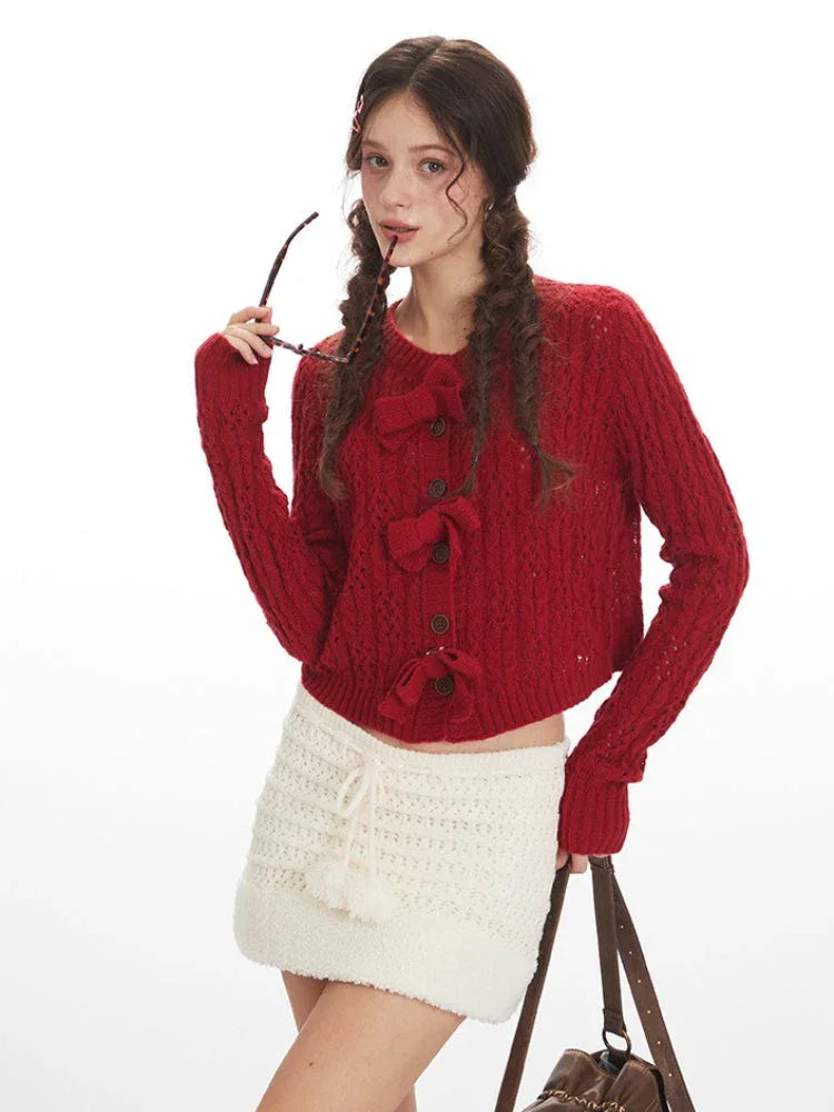 Coquette Cherry Red Bow Pointelle Cardigan - WEUXS