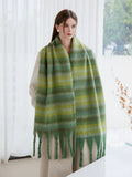 Oversized green gradient striped scarf with fringed edges - View 6 | WEUXS