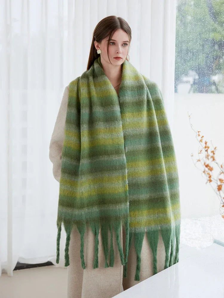 Oversized green gradient striped scarf with fringed edges - View 6 | WEUXS