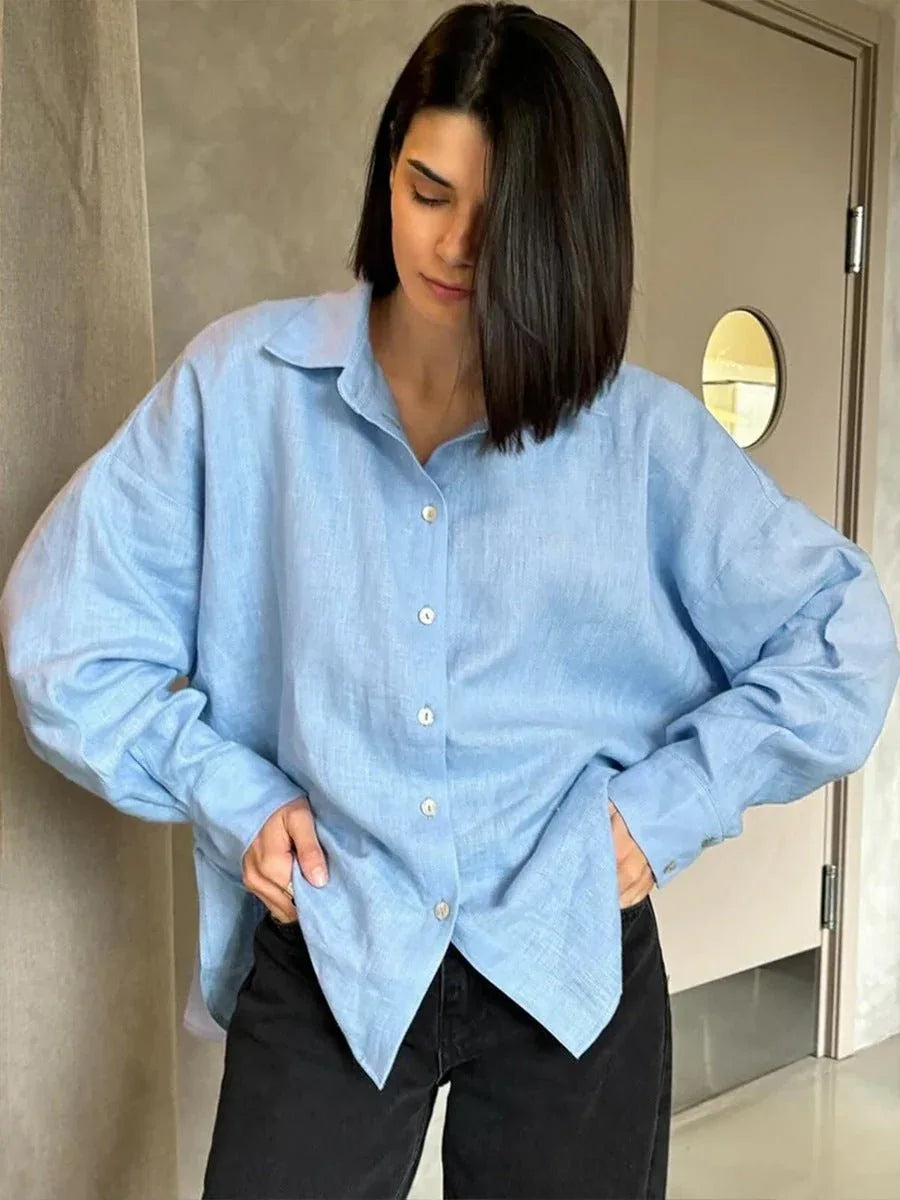Woman wearing a white oversized cotton button down shirt - View 11 | WEUXS