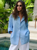 Woman wearing a white oversized cotton button down shirt - View 9 | WEUXS