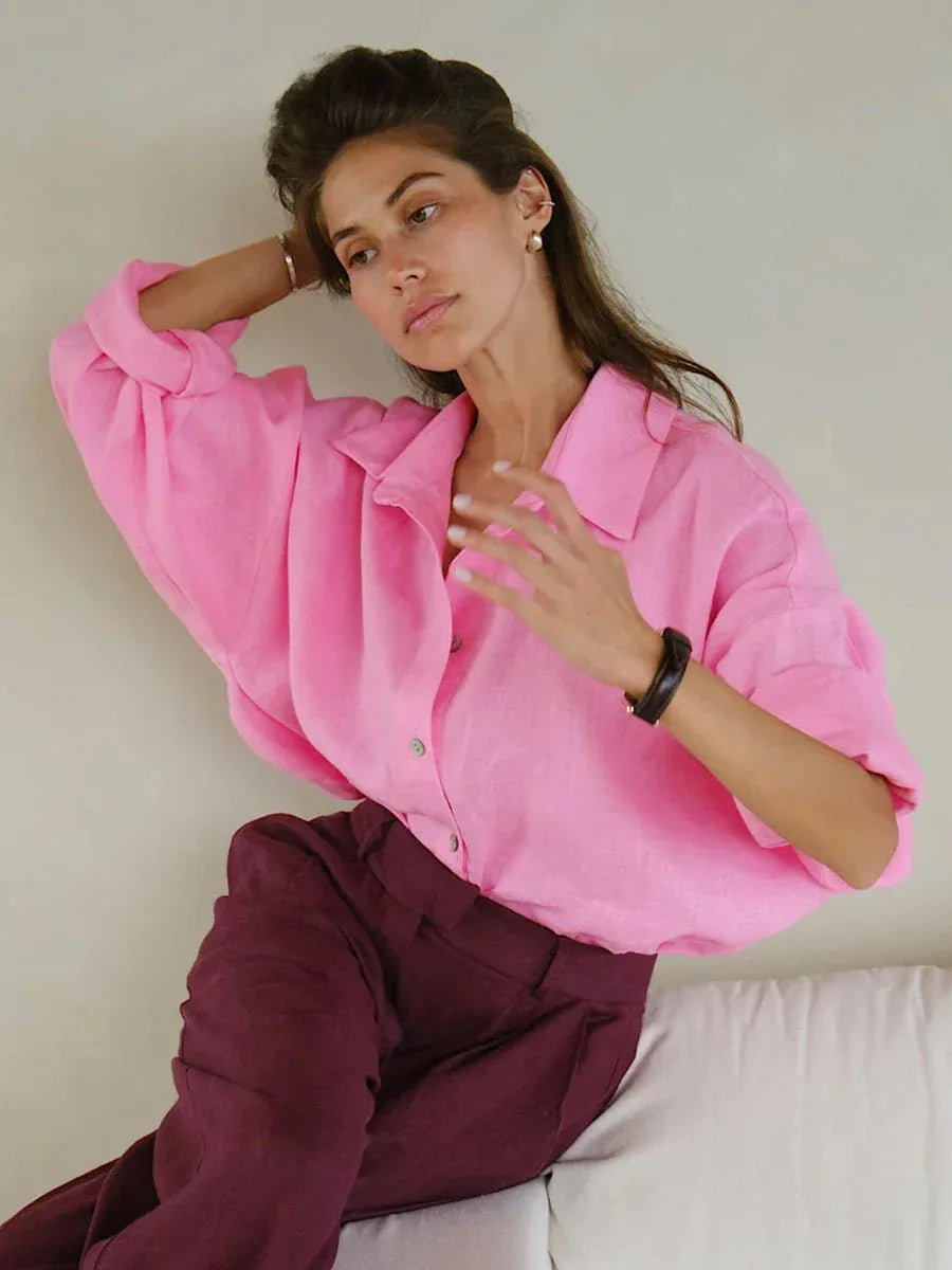 Woman wearing a white oversized cotton button down shirt - View 16 | WEUXS