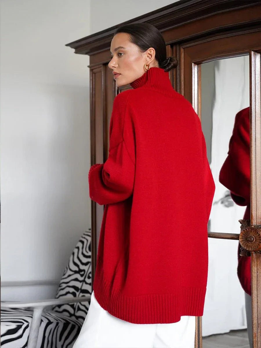 Effortless Oversized High-Neck Ribbed Knit Sweater - WEUXS