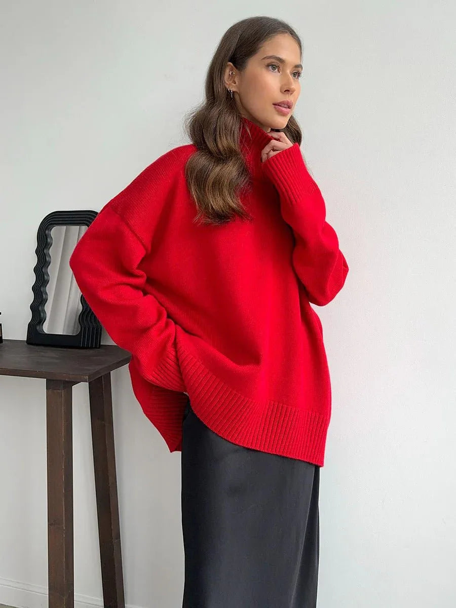 Effortless Oversized High-Neck Ribbed Knit Sweater - WEUXS