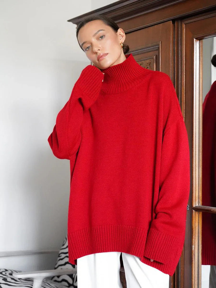 Effortless Oversized High-Neck Ribbed Knit Sweater - WEUXS