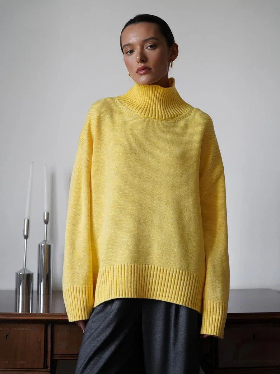Effortless Oversized High-Neck Ribbed Knit Sweater - WEUXS