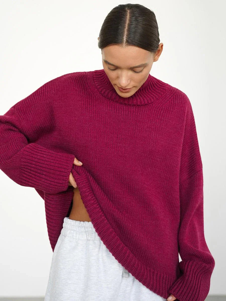 Effortless Oversized High-Neck Ribbed Knit Sweater - WEUXS