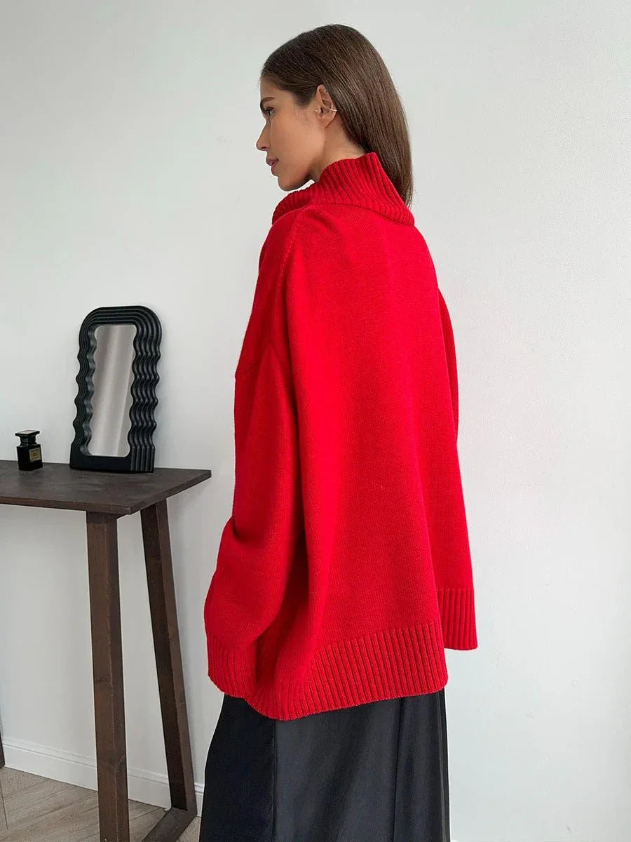 Effortless Oversized High-Neck Ribbed Knit Sweater - WEUXS