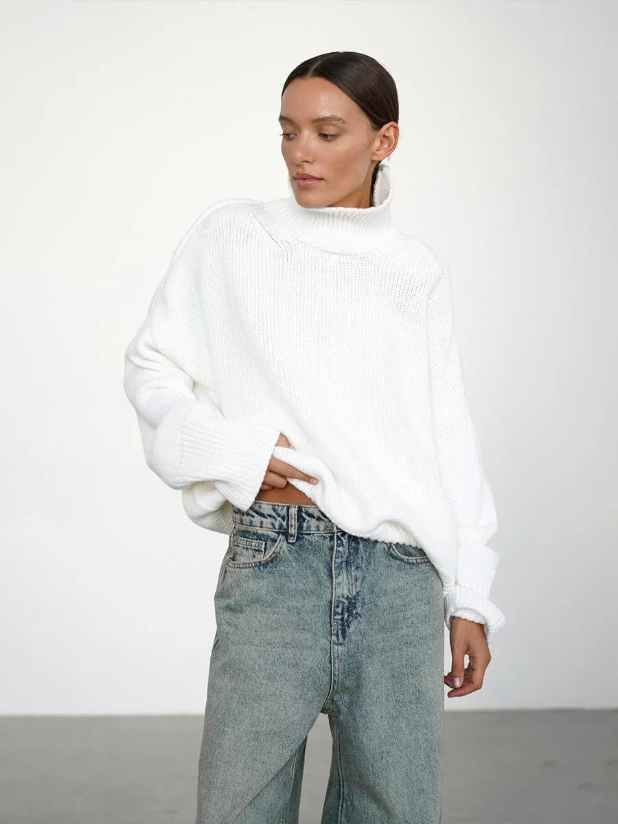 Effortless Oversized High-Neck Ribbed Knit Sweater - WEUXS