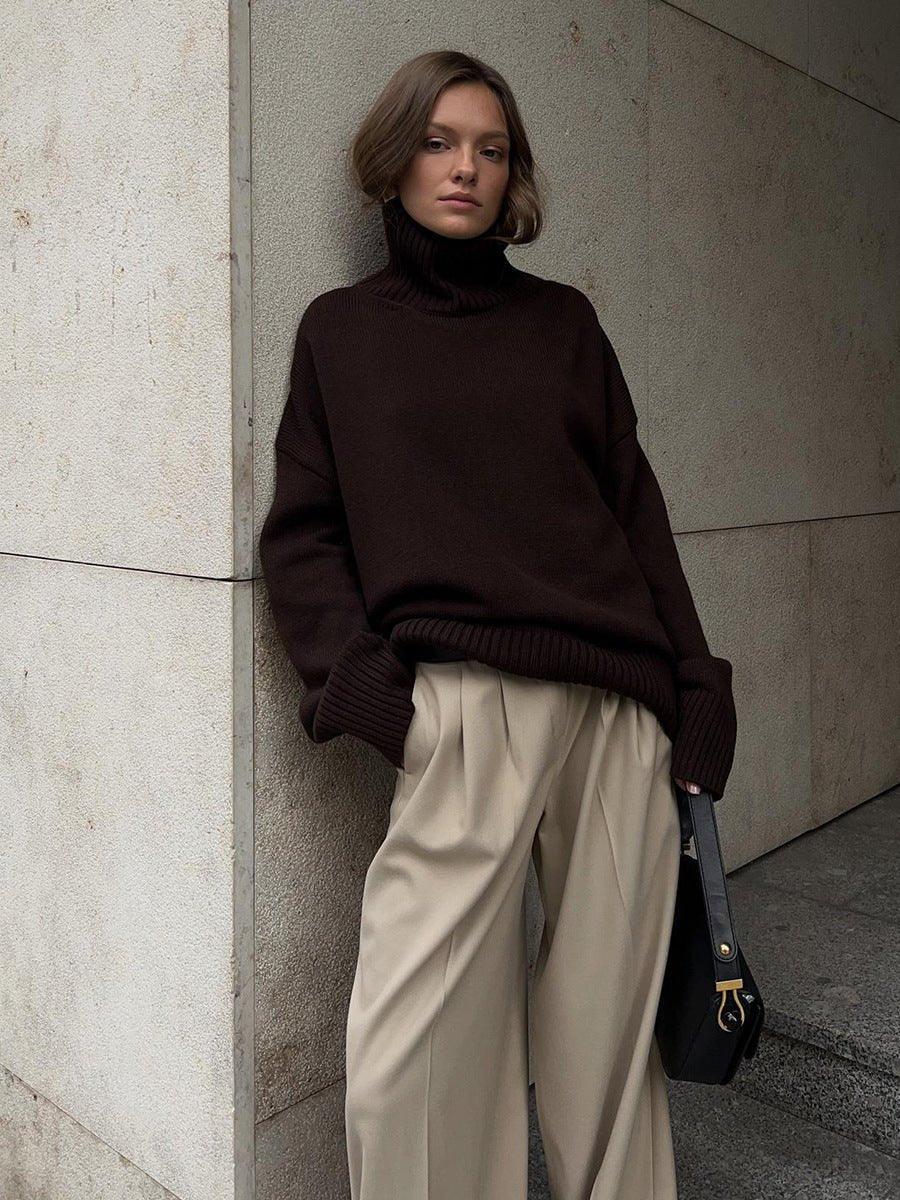 Effortless Oversized High-Neck Ribbed Knit Sweater - WEUXS