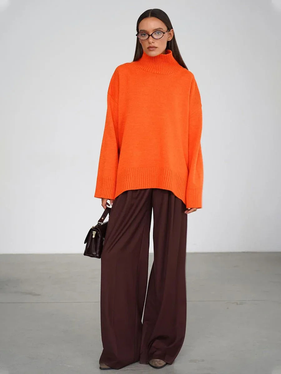 Effortless Oversized High-Neck Ribbed Knit Sweater - WEUXS