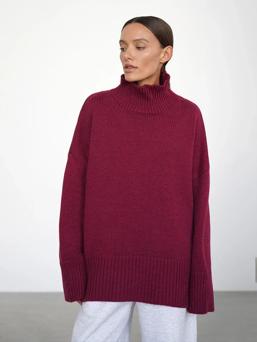 Effortless Oversized High-Neck Ribbed Knit Sweater - WEUXS