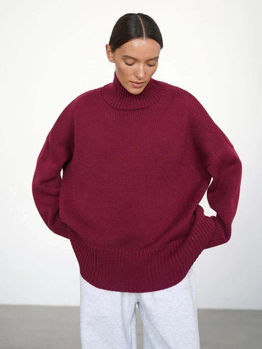 Effortless Oversized High-Neck Ribbed Knit Sweater - WEUXS