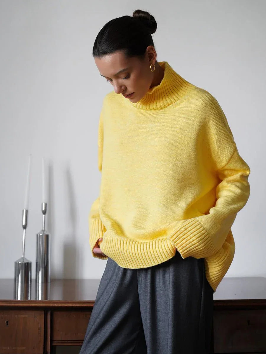 Effortless Oversized High-Neck Ribbed Knit Sweater - WEUXS