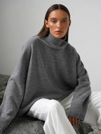 Effortless Oversized High-Neck Ribbed Knit Sweater - WEUXS