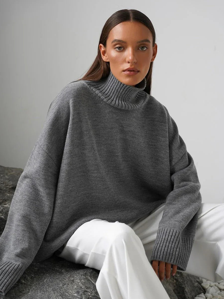 Effortless Oversized High-Neck Ribbed Knit Sweater - WEUXS
