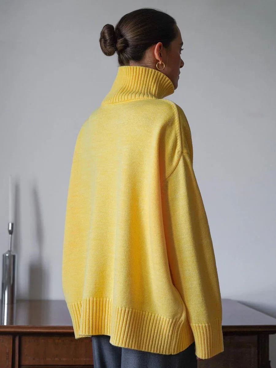 Effortless Oversized High-Neck Ribbed Knit Sweater - WEUXS