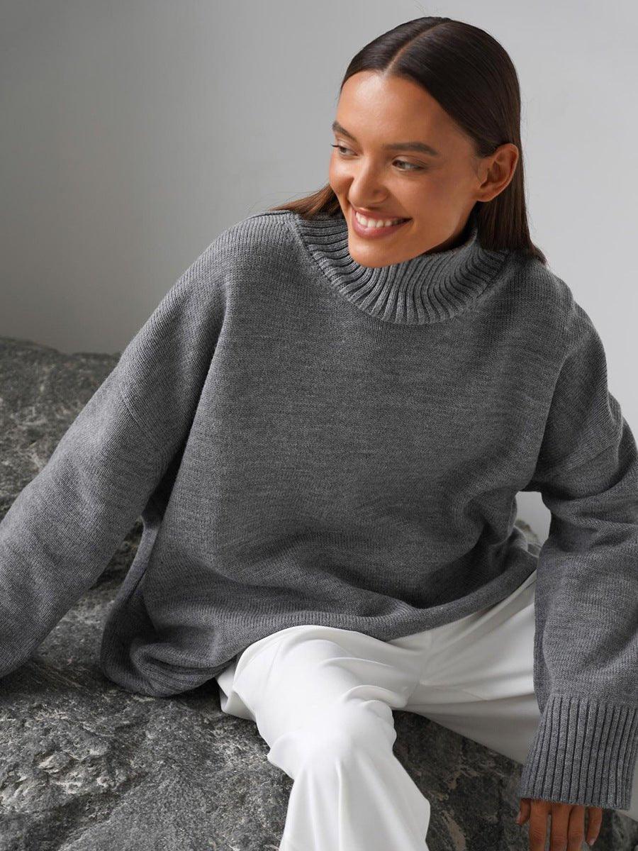Effortless Oversized High-Neck Ribbed Knit Sweater - WEUXS