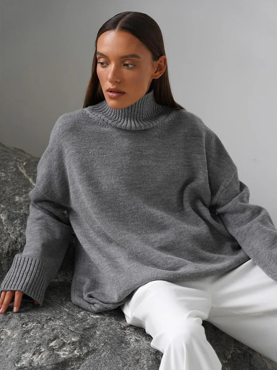 Effortless Oversized High-Neck Ribbed Knit Sweater - WEUXS