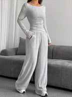 Grey ribbed knit lounge set with boat neck top and wide leg pants
