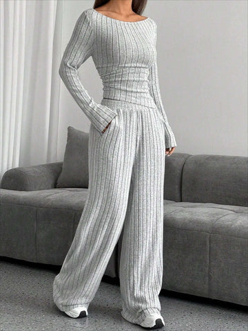 Grey ribbed knit lounge set with boat neck top and wide leg pants