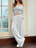 Grey ribbed knit lounge set styled with off-the-shoulder neckline