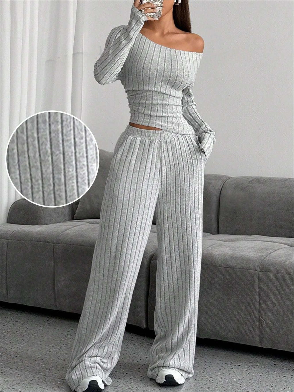 Close-up of grey ribbed knit fabric on a lounge set