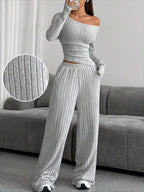 Close-up of grey ribbed knit fabric on a lounge set