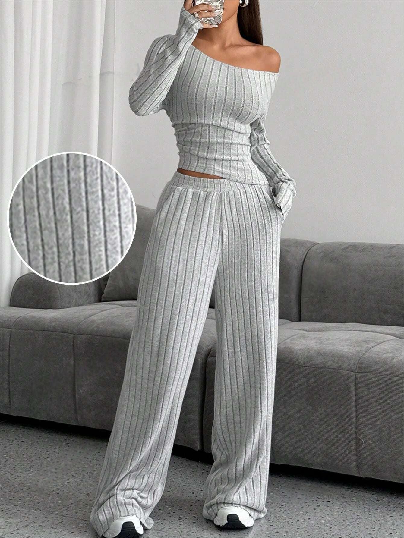 Close-up of grey ribbed knit fabric on a lounge set