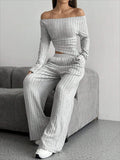 Woman wearing a grey ribbed knit two-piece loungewear set