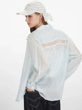Side profile of a woman wearing a light blue oversized button-down shirt showing back detail