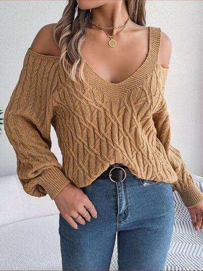 Ivory cold shoulder cable knit sweater - View 11 | WEUXS