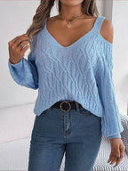 Ivory cold shoulder cable knit sweater - View 6 | WEUXS