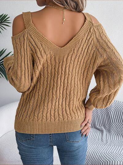 Ivory cold shoulder cable knit sweater - View 12 | WEUXS