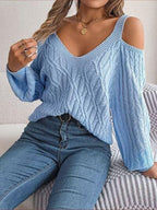 Ivory cold shoulder cable knit sweater - View 7 | WEUXS