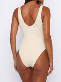 Back view of apricot ribbed one piece swimsuit