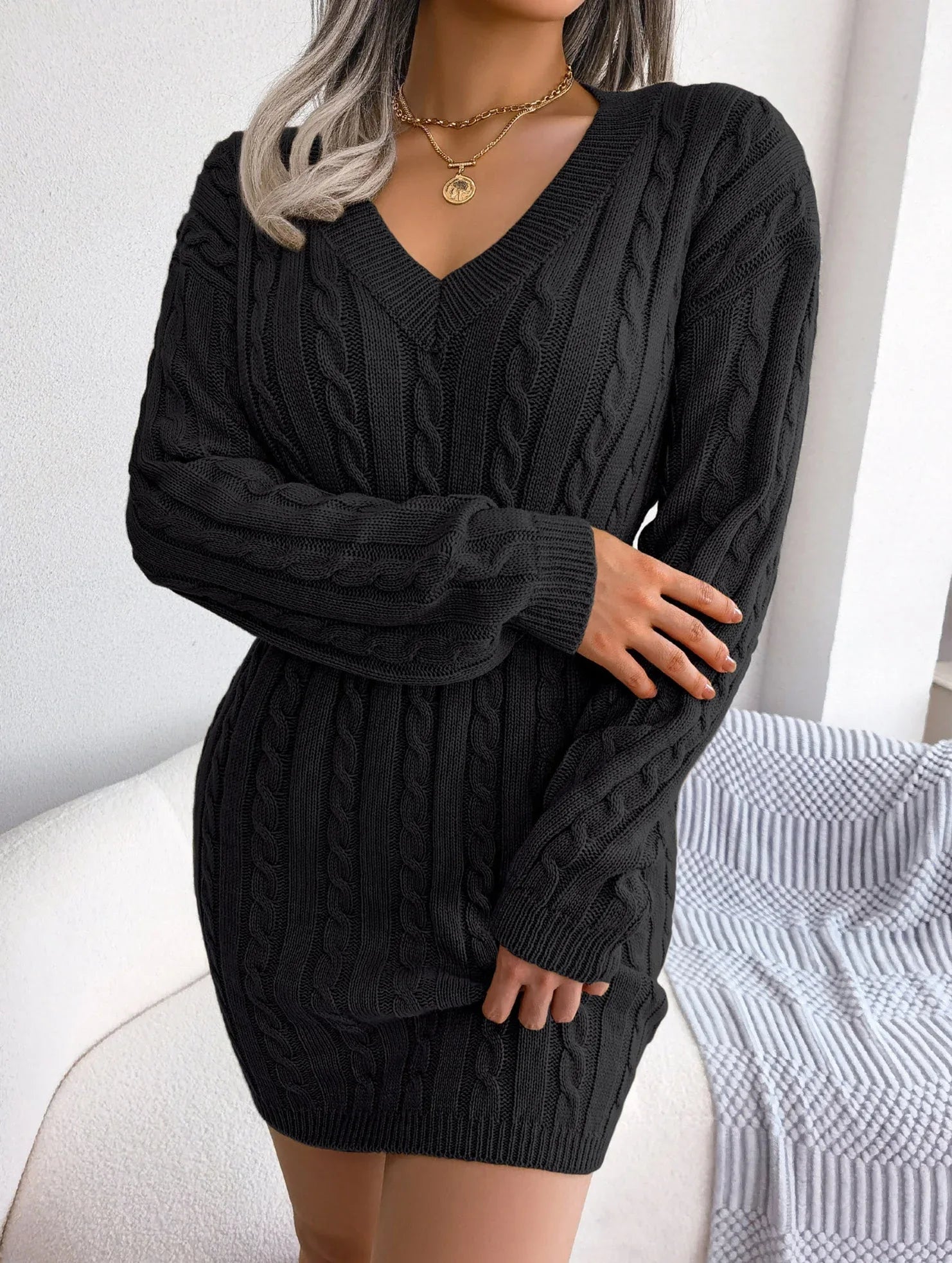 Elegant Sky Blue Cable Knit Sweater Dress - WEUXS