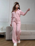 Two-piece knit set with double zip cardigan and wide leg pants - View 6 | WEUXS