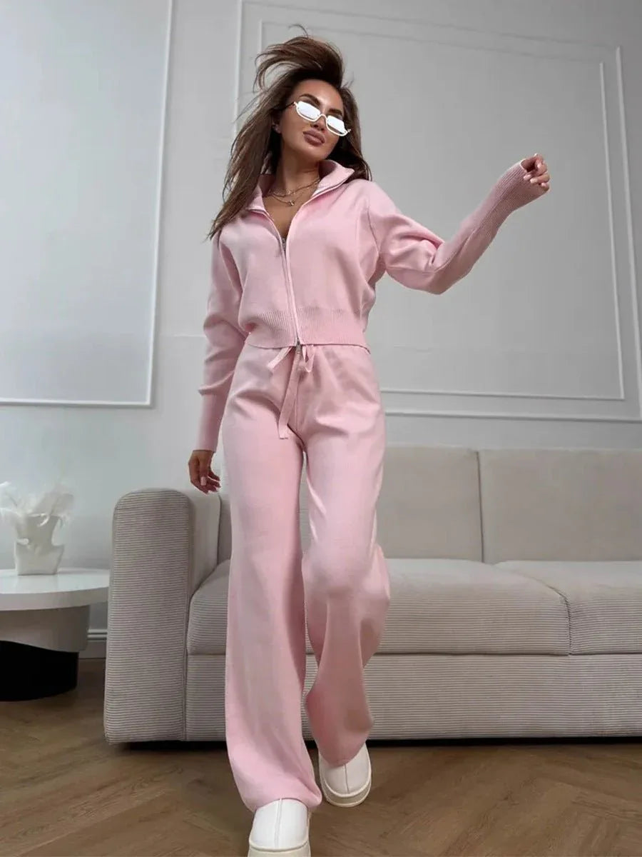 Two-piece knit set with double zip cardigan and wide leg pants - View 6 | WEUXS