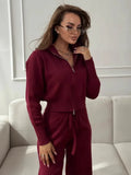 Two-piece knit set with double zip cardigan and wide leg pants - View 12 | WEUXS