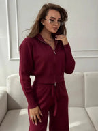 Two-piece knit set with double zip cardigan and wide leg pants - View 12 | WEUXS