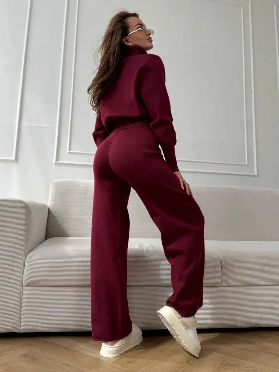 Two-piece knit set with double zip cardigan and wide leg pants - View 11 | WEUXS