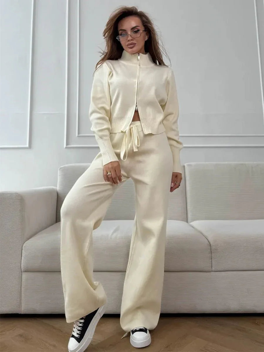 Two-piece knit set with double zip cardigan and wide leg pants - View 13 | WEUXS