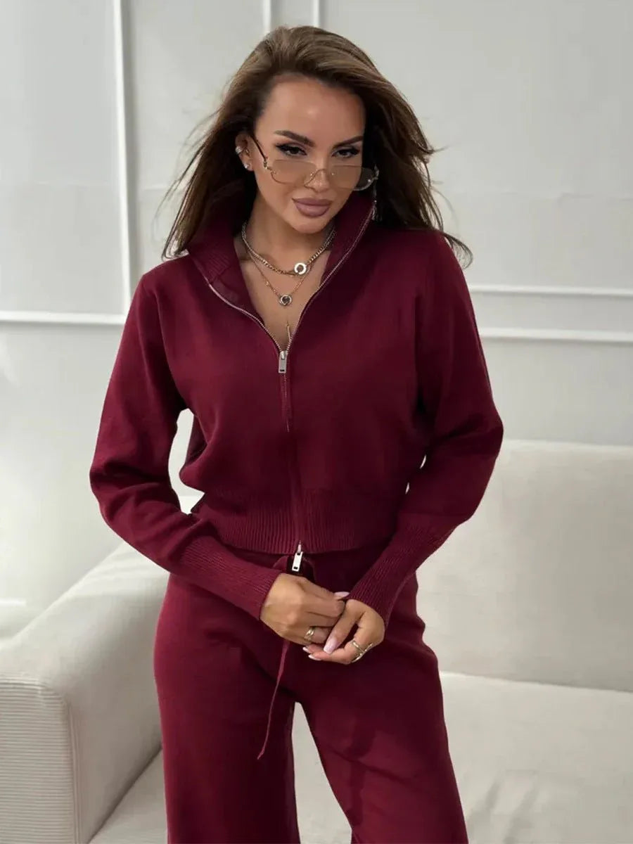 Two-piece knit set with double zip cardigan and wide leg pants - View 10 | WEUXS
