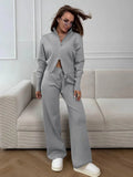 Two-piece knit set with double zip cardigan and wide leg pants - View 28 | WEUXS