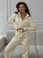 Two-piece knit set with double zip cardigan and wide leg pants - View 15 | WEUXS
