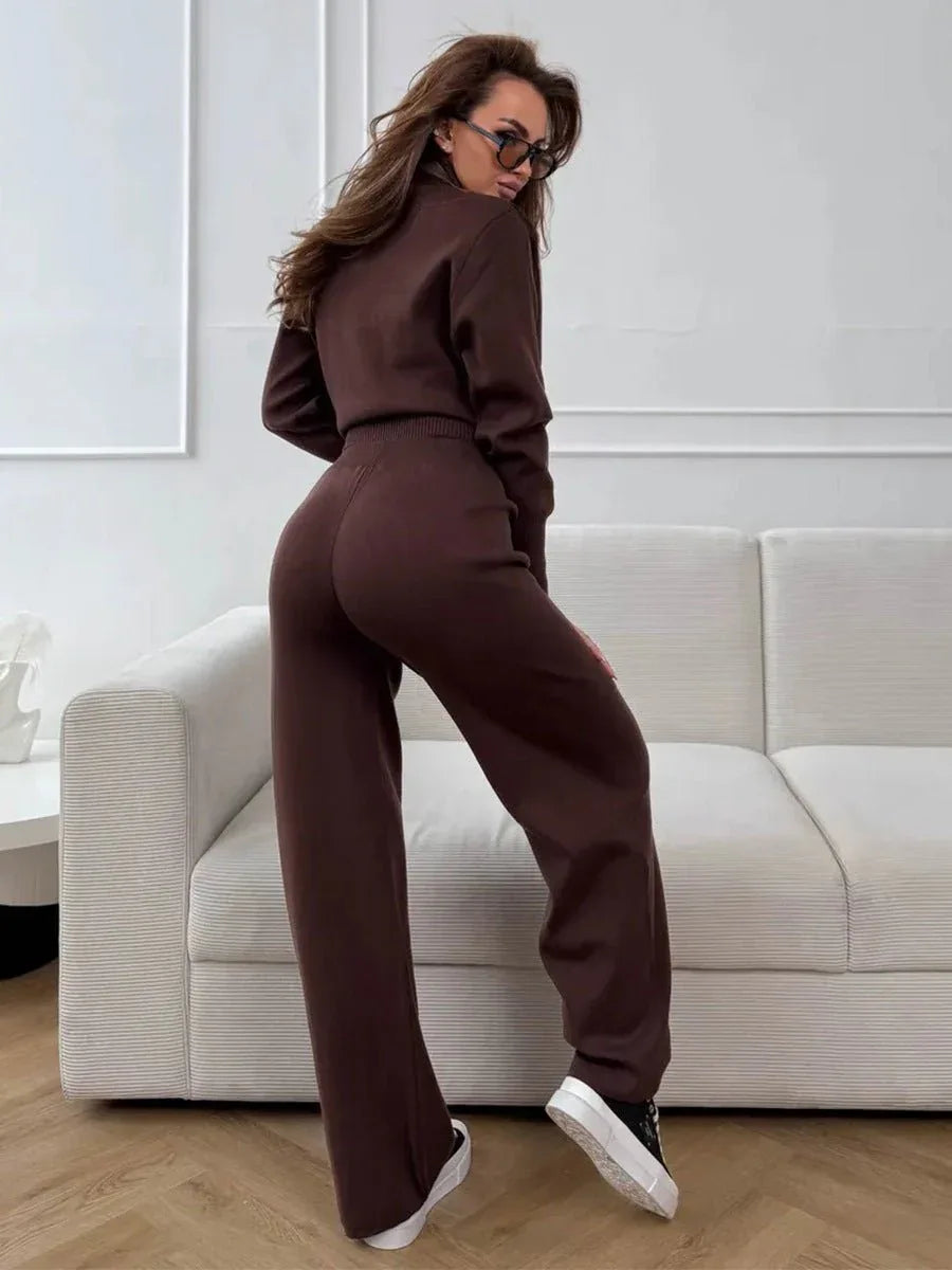 Two-piece knit set with double zip cardigan and wide leg pants - View 22 | WEUXS